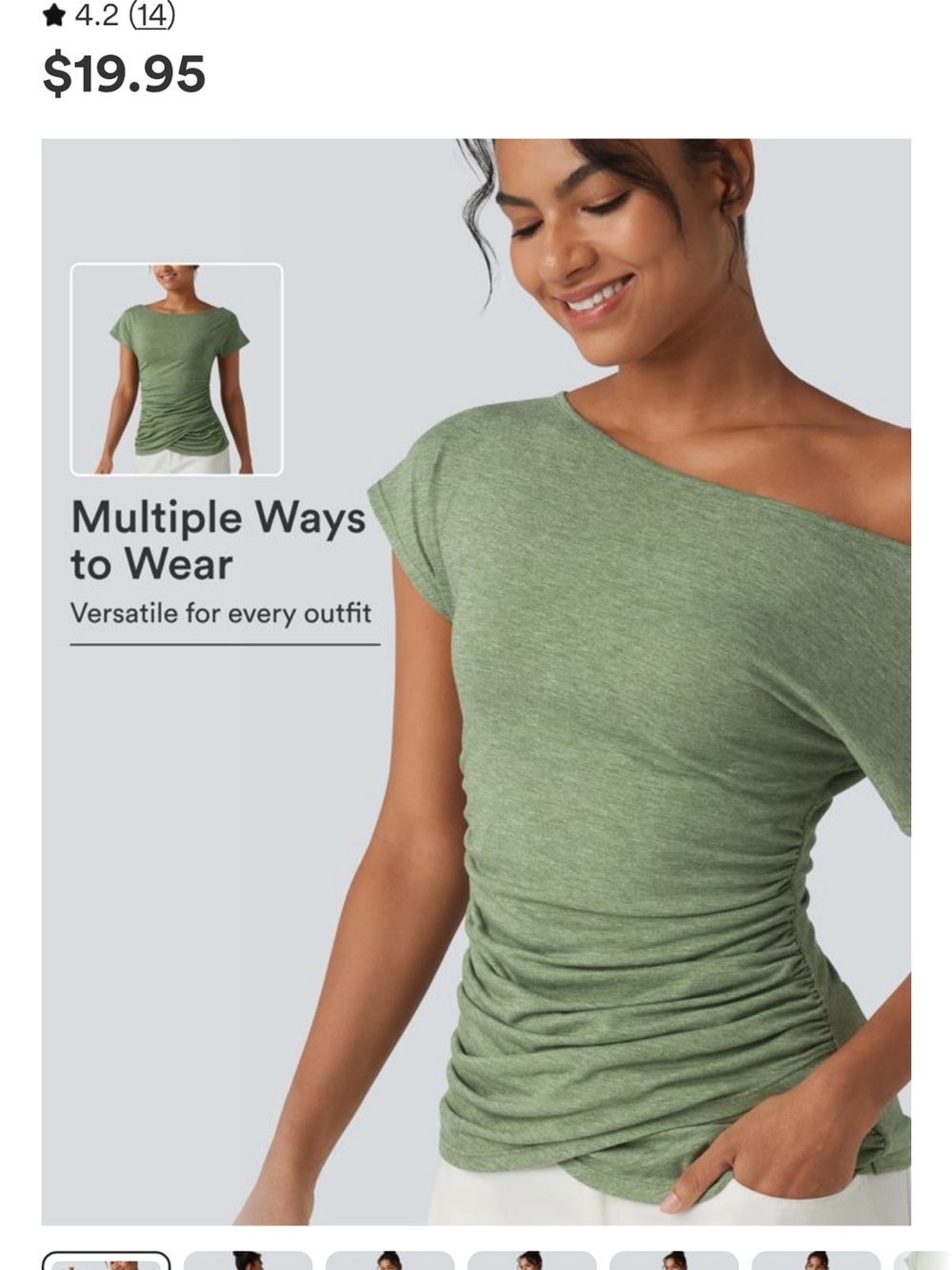 HALARA Olive Green Ruched One-Shoulder Short Sleeve Tee